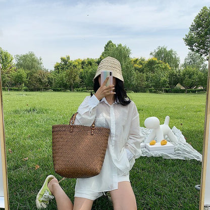 Handmade crochet straw knit woven summer bag for women from the summer collection
