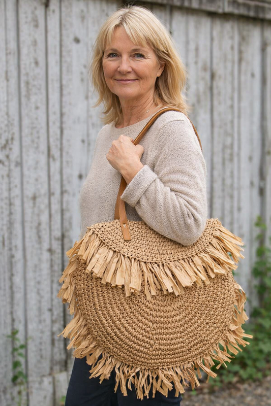 Yarns ’n Stitch Handwoven Fringe Round Beach Bag