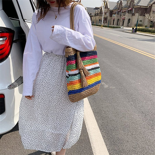 Handmade crochet straw knit woven summer bag for women from the summer collection