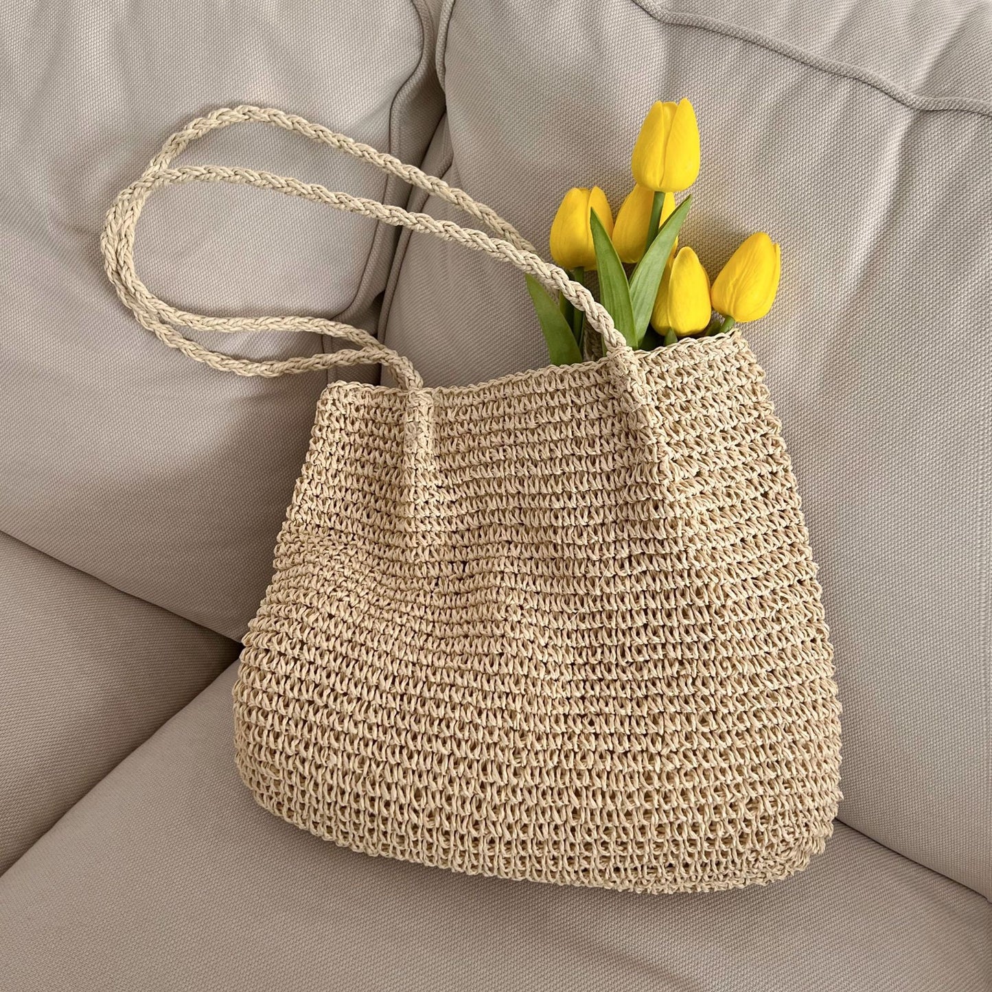 Handmade crochet straw knit woven summer bag for women from the summer collection